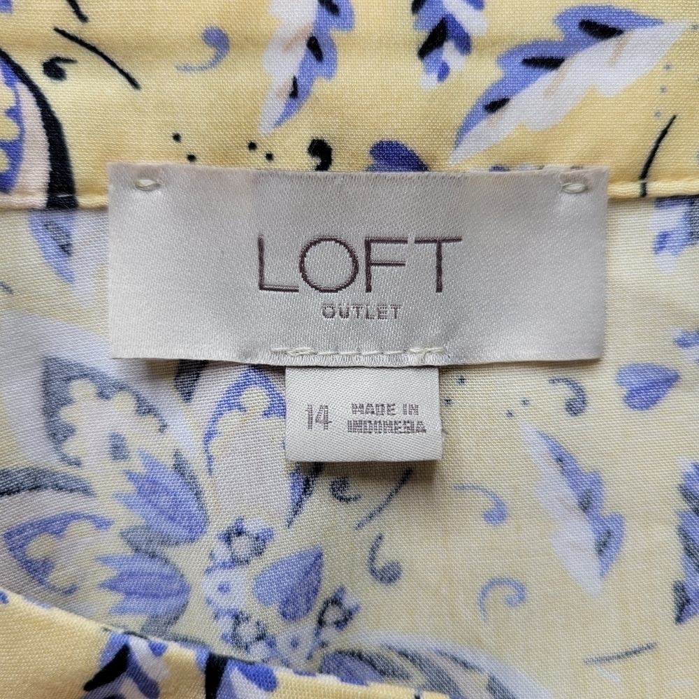 Loft Outlet Shift Dress Size 14 Yellow Blue Floral Button Front Belted Summer - Picture 7 of 12